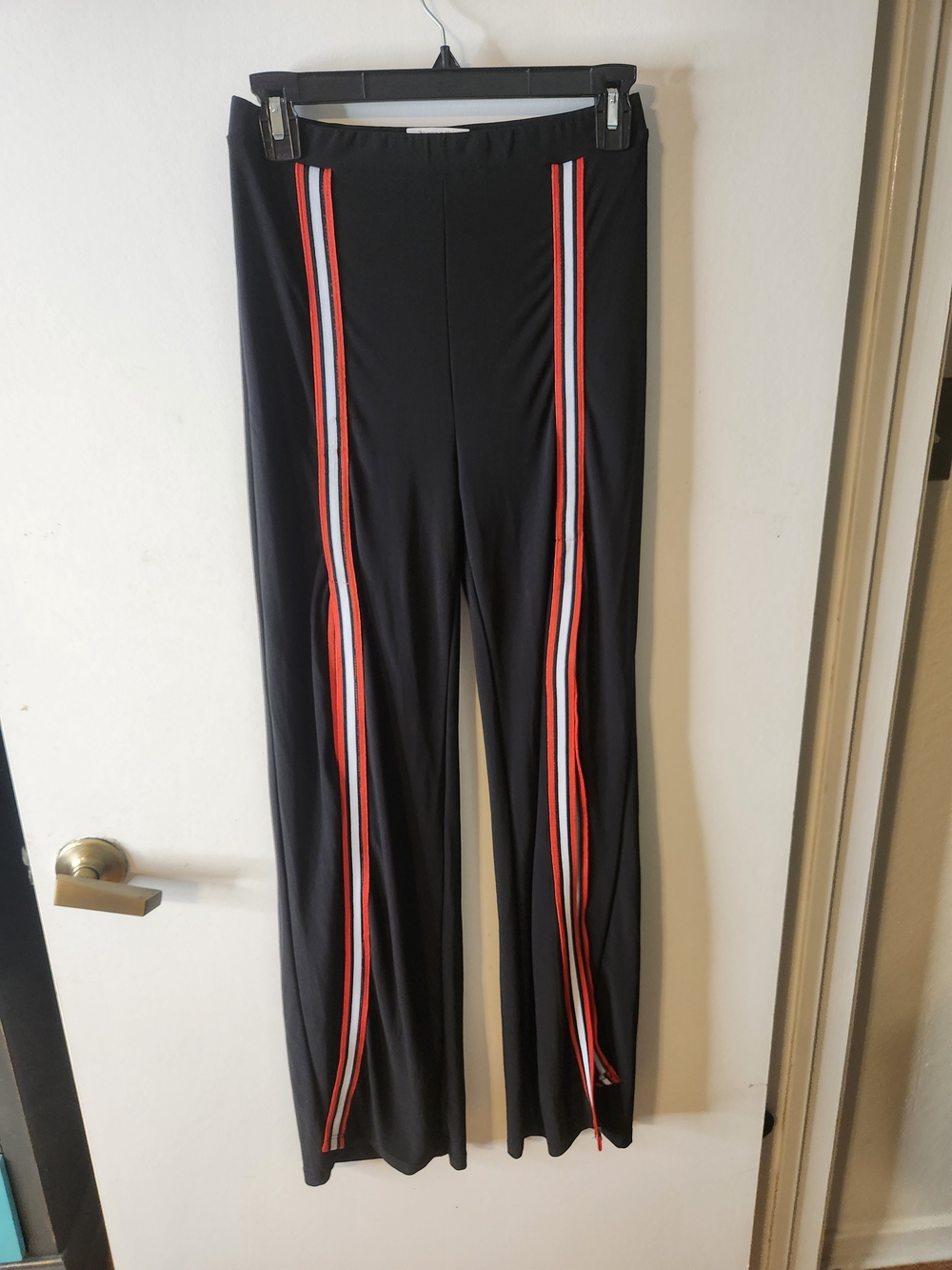 Black Split Wide-Leg Pants with Red & White Side Stripes